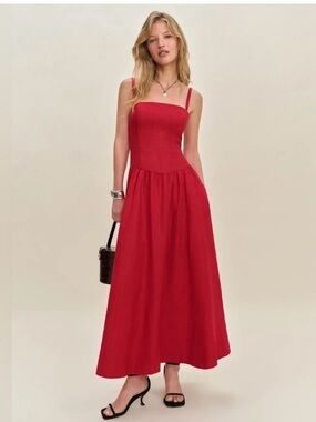 NEW Reformation Katarin Linen Midi Dress Lipstick Red Lace Detail | US 0 UK 4